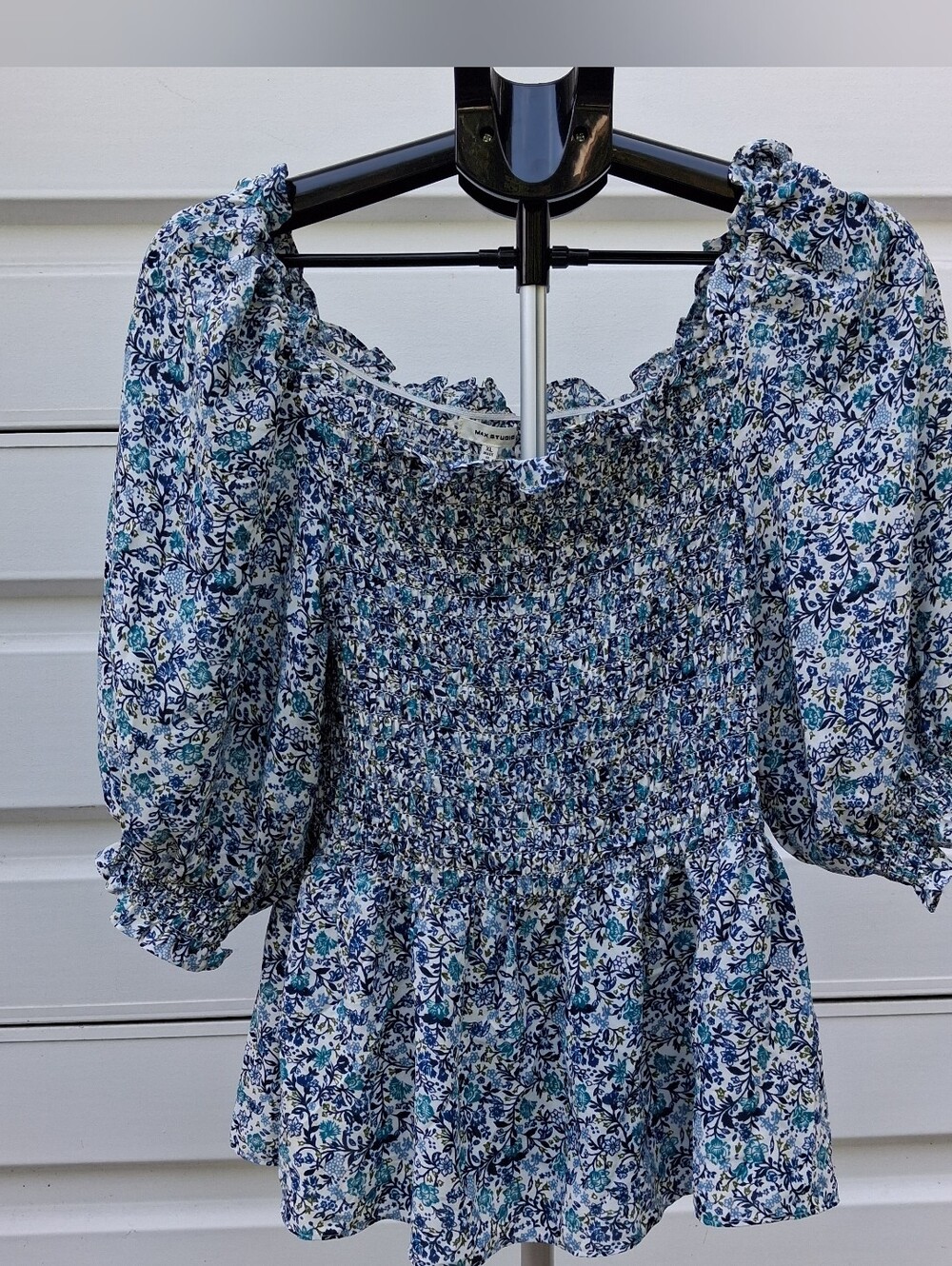 NEW Max Studio Blouse Shirred/elastic bodice floral blue off the shoulder
